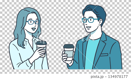 コーヒーを飲みながら会話する男女のビジネスコミュニケーションイラスト 134978177