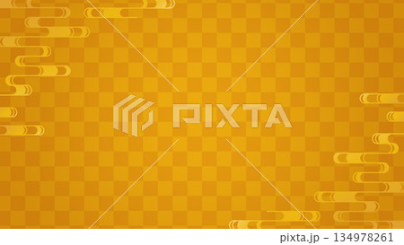 ゴールドの市松模様と流水紋の和風背景素材 134978261