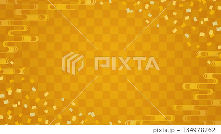 金色の市松模様と流水紋と紙吹雪の和風背景素材 134978262