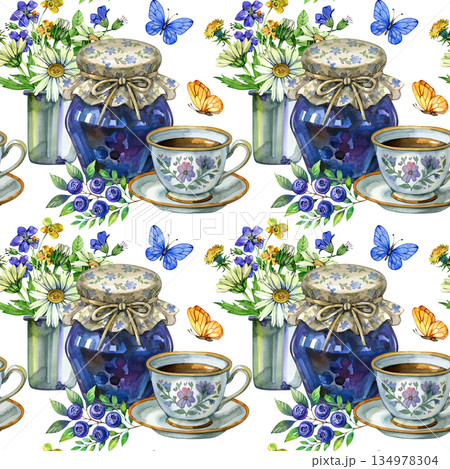 Cozy seamless watercolor pattern with blueberry jam jars, teacups, wildflowers and butterflies. Cottagecore inspired illustration with rustic charm, perfect for kitchen decor, food packaging, textiles Cozy seamless watercolor pattern with blueberry jam jars, teacups, wildflowers and butterflies. Cottagecore inspired illustration with rustic charm, perfect for kitchen decor, food packaging, textiles 134978304