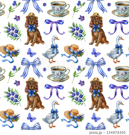Vintage seamless watercolor illustration featuring charming cottagecore motifs: dog in a hat, goose with bow, floral teacups, ribbons, butterflies, and blueberry branches. Ideal for fabric prints Vintage seamless watercolor illustration featuring charming cottagecore motifs: dog in a hat, goose with bow, floral teacups, ribbons, butterflies, and blueberry branches. Ideal for fabric prints 134978305