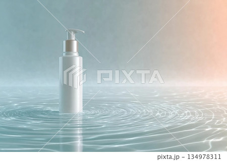 White pump skincare bottle on soft surface with water ripple texture. Minimalist mockup design with pastel tones and calm lighting White pump skincare bottle on soft surface with water ripple texture. Minimalist mockup design with pastel tones and calm lighting 134978311