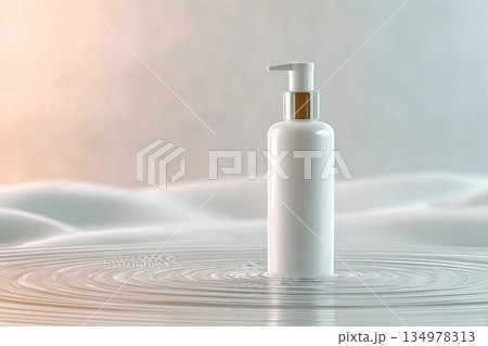 White pump skincare bottle on soft surface with water ripple texture. Minimalist mockup design with pastel tones and calm lighting White pump skincare bottle on soft surface with water ripple texture. Minimalist mockup design with pastel tones and calm lighting 134978313