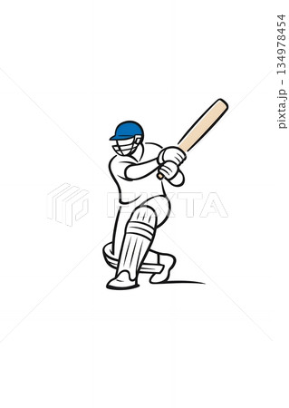 Cricket player emblem flat design sign, team sport cartoon style logo, set against a white background 134978454