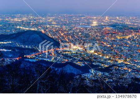 Night view of Sapporo cityscape in winter at twilight from Mt. Moiwa observation, the best city view point, Sapporo, Hokkaido, Japan 134978670