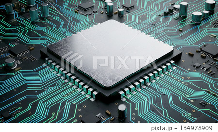 青いネオンライトに照らされた黒い回路基板上の最新CPUマイクロチップのクローズアップ 青いネオンライトに照らされた黒い回路基板上の最新CPUマイクロチップのクローズアップ 134978909