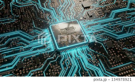 青いネオンライトに照らされた黒い回路基板上の最新CPUマイクロチップのクローズアップ 134978921