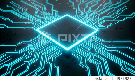 青いネオンライトに照らされた黒い回路基板上の最新CPUマイクロチップのクローズアップ 青いネオンライトに照らされた黒い回路基板上の最新CPUマイクロチップのクローズアップ 134978922