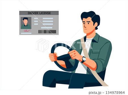 Illustration Man Driving a Car with Seatbelt and Focused ExpressionIllustration Man Driving a Car with Seatbelt and Focused Expression 134978964