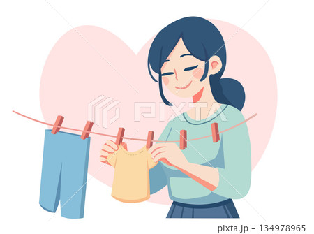 Illustration Young Woman Hanging Laundry on Clothesline Illustration Young Woman Hanging Laundry on Clothesline 134978965
