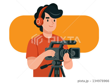 llustration Professional Videographer Operating Video Camera with Headphones 134978966