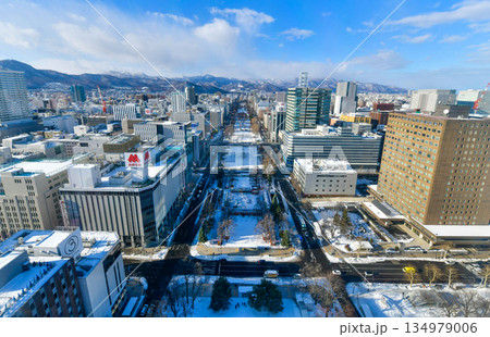Beautiful view of Odori Park and the Sapporo city view in winter on TV Tower observation deck in Hokkaido Prefecture. 134979006