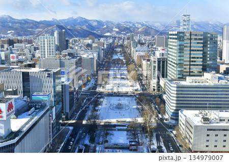 Beautiful view of Odori Park and the Sapporo city view in winter on TV Tower observation deck in Hokkaido Prefecture. Beautiful view of Odori Park and the Sapporo city view in winter on TV Tower observation deck in Hokkaido Prefecture. 134979007