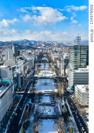 Beautiful view of Odori Park and the Sapporo city view in winter on TV Tower observation deck in Hokkaido Prefecture. 134979008