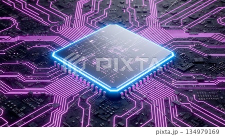 紫のネオンライトに照らされた黒い回路基板上の最新CPUマイクロチップのクローズアップ 134979169