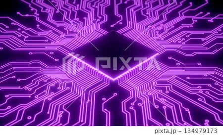 紫のネオンライトに照らされた黒い回路基板上の最新CPUマイクロチップのクローズアップ 134979173