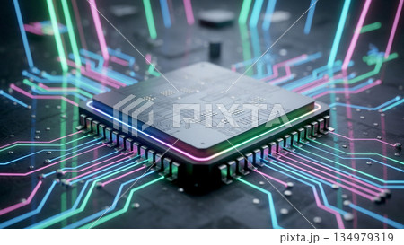 紫のと青とピンクのネオンライトに照らされた黒い回路基板上の最新CPUマイクロチップのクローズアップ 134979319