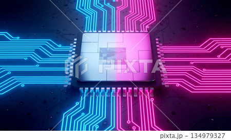 紫のと青とピンクのネオンライトに照らされた黒い回路基板上の最新CPUマイクロチップのクローズアップ 134979327