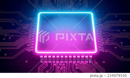 紫のと青とピンクのネオンライトに照らされた黒い回路基板上の最新CPUマイクロチップのクローズアップ 134979330