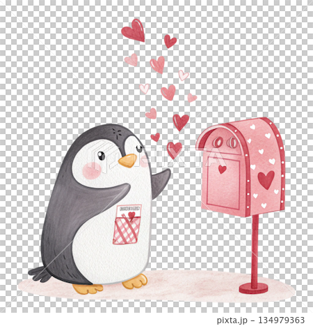 Valentine themed penguin character with hearts flying from mailbox white background  134979363