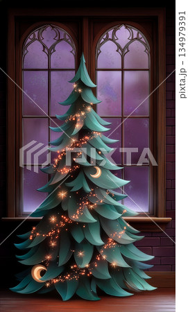 Cozy Room Decorated For Festive Celebration, Warm Indoor Setting Featuring Holiday Ornaments And Stained Glass 134979391