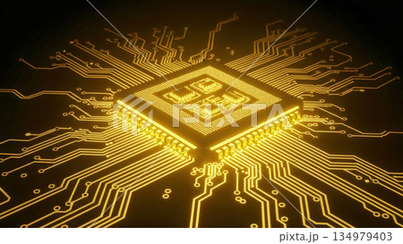 金色のネオンライトに照らされた黒い回路基板上の最新CPUマイクロチップのクローズアップ 134979403
