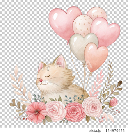 Whimsical pastel watercolor artwork of a super cute sleeping cat in the middle surrounded by floating heart balloons white background  134979453