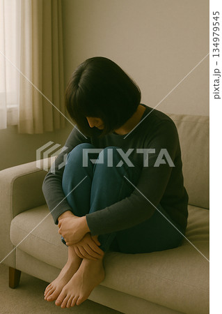 ソファに座り体を丸めて悩む女性の静かな時間 134979545