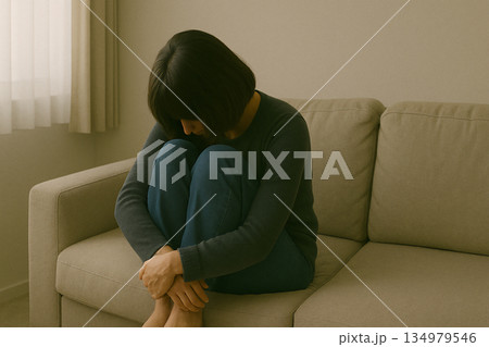ソファでうつむき考え込む女性の室内イメージ 134979546
