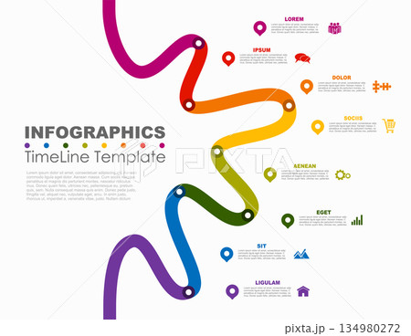 Colorful winding timeline infographic with icons and text for process visualization, plan and presentation. Vector illustration. 134980272