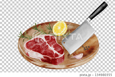 Watercolor illustration of a raw ribeye beef steak on a wooden cutting board with a meat cleaver, lemon, rosemary, garlic, and peppercorns. Realistic food art isolated on white background. Detailed 134980355
