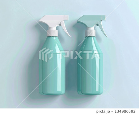 Product styling. Green sprays in a row on a white background. Disinfectant, glass cleaner, all-purpose surface cleaner. Mockup for branding cleaning product. 134980392
