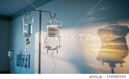 Close-up of an infusion therapy IV bag hanging on a metal stand with a second fluid bag beside it, casting a warm reflection on the wall in a hospital room during golden hour. 134980544