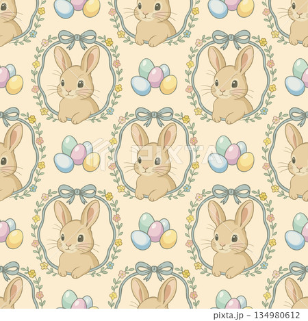 Soft vector seamless Easter pattern with rabbits and Easter eggs. Coquette style 134980612
