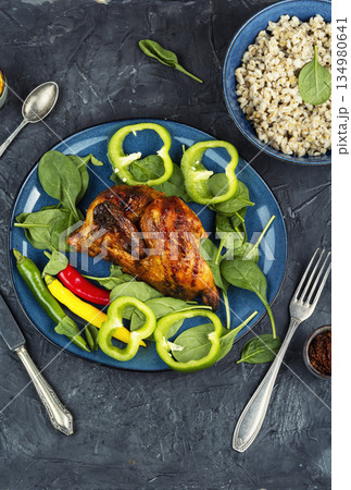 Delicious food, grilled chicken. 134980641