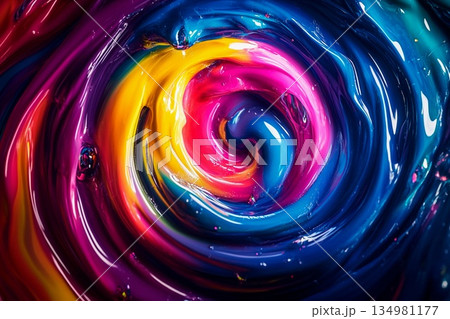 Swirling vortex of vibrant neon colors creating dynamic patterns in a mesmerizing display 134981177