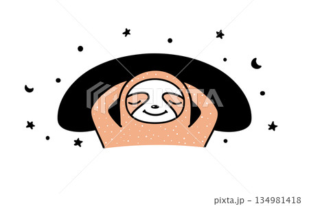 Funny cartoon sloth sleeping in the bed vector illustration. Cute sloth sleeps in bed lying on a pillow and covered with a blanket. Sleeping animal doodle 134981418