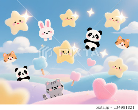 可愛い動物たちとふわふわ雲のパステルワールド 134981821