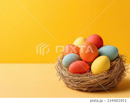 Easter eggs nest yellow background 134981951
