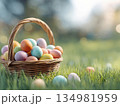 Easter eggs basket outdoors 134981959