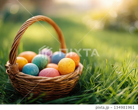 Basket with colorful Easter eggs 134981961