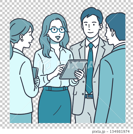 タブレットを使って説明する女性と話を聞くビジネスチームのイラスト タブレットを使って説明する女性と話を聞くビジネスチームのイラスト 134981974