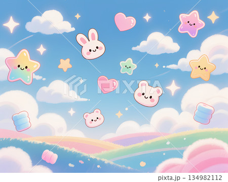 可愛い動物たちとふわふわ雲のパステルワールド 134982112