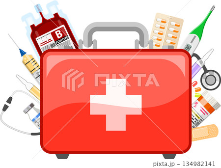 first aid kit in doctor hand 134982141