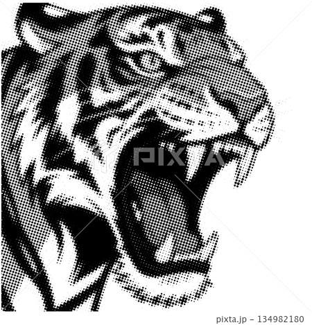 Roaring Tiger Head Halftone Dot With Open Mouth And Sharp Teeth 134982180