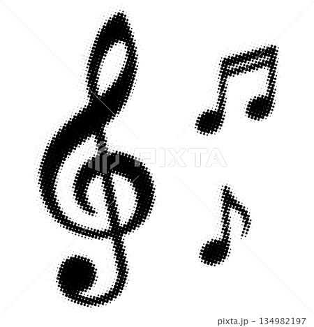 Black and white halftone dot pattern of a treble clef and two eighth notes Black and white halftone dot pattern of a treble clef and two eighth notes 134982197