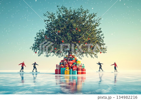 Skaters glide around a beautifully decorated Christmas tree on a frozen lake surrounded by festive gifts 134982216