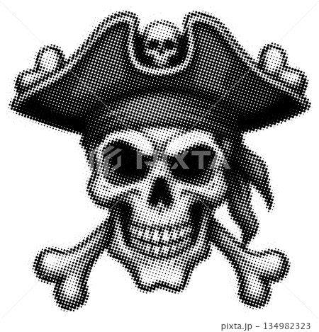 Black and white halftone dot pattern of a pirate skull and crossbones with a tricorn hat Black and white halftone dot pattern of a pirate skull and crossbones with a tricorn hat 134982323