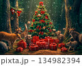 Magic of Christmas in a forest surrounded by joyful animals and gifts 134982394