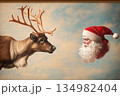 Mischievous reindeer glancing back at Santa in a whimsical scene 134982404